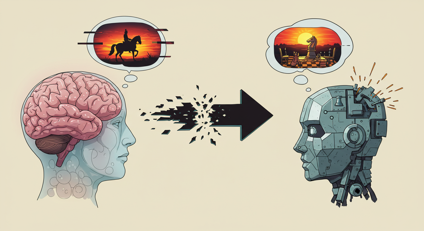 Infográfico que compara a ideia de um "cavaleiro" no cérebro humano com a interpretação literal de um "cavalete" e uma peça de xadrez no cérebro de uma IA.