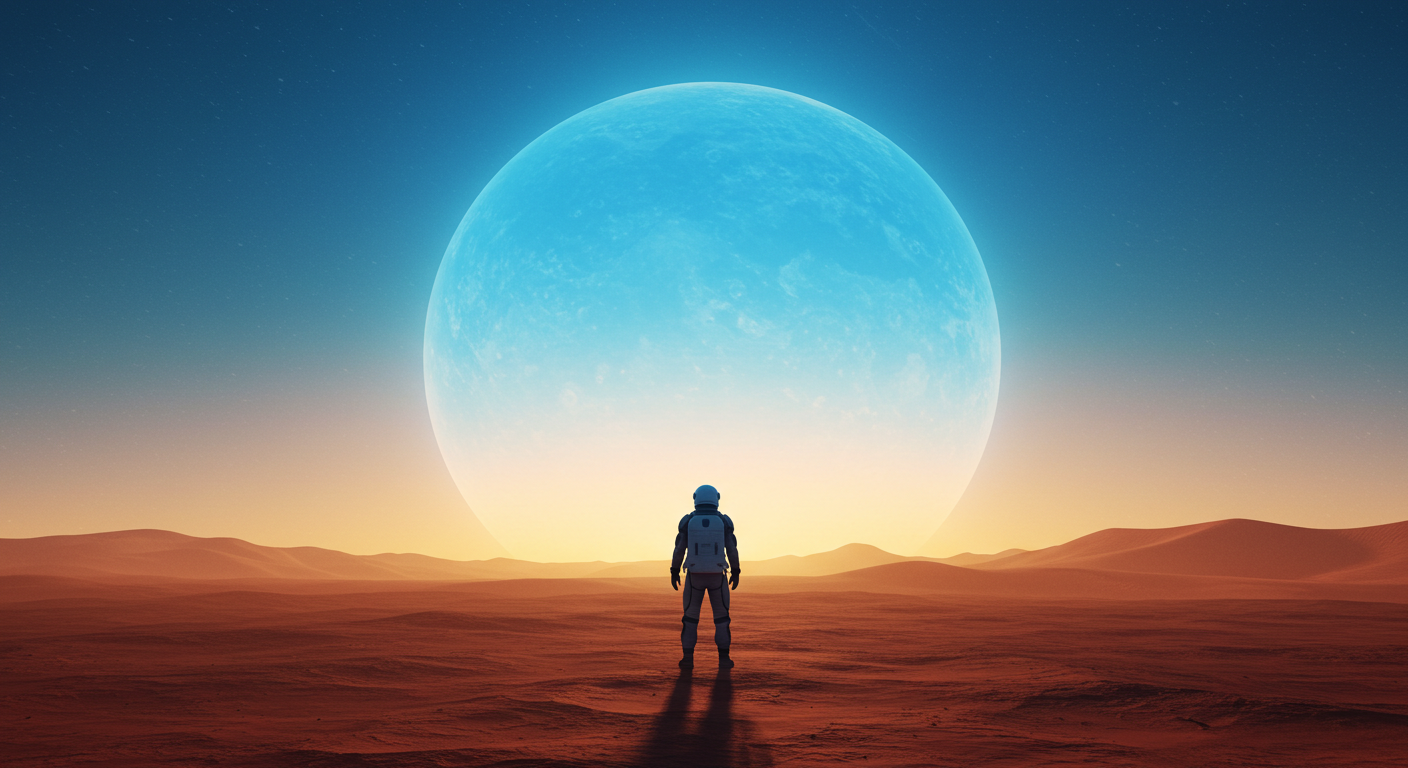 Exemplo de um astronauta em Marte visto de baixo para cima, com um sol azul gigante ao fundo.