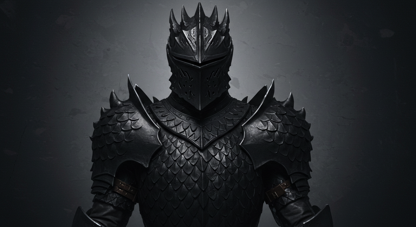 Exemplo de um cavaleiro com uma armadura preta feita de escamas de dragão.