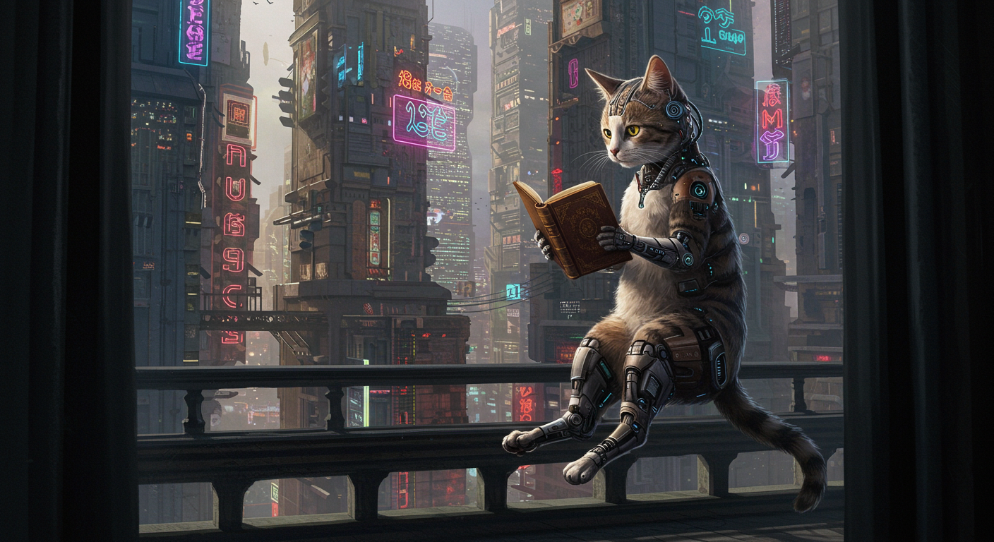 Exemplo de um gato ciborgue a ler um livro numa cidade cyberpunk com arquitetura gótica.