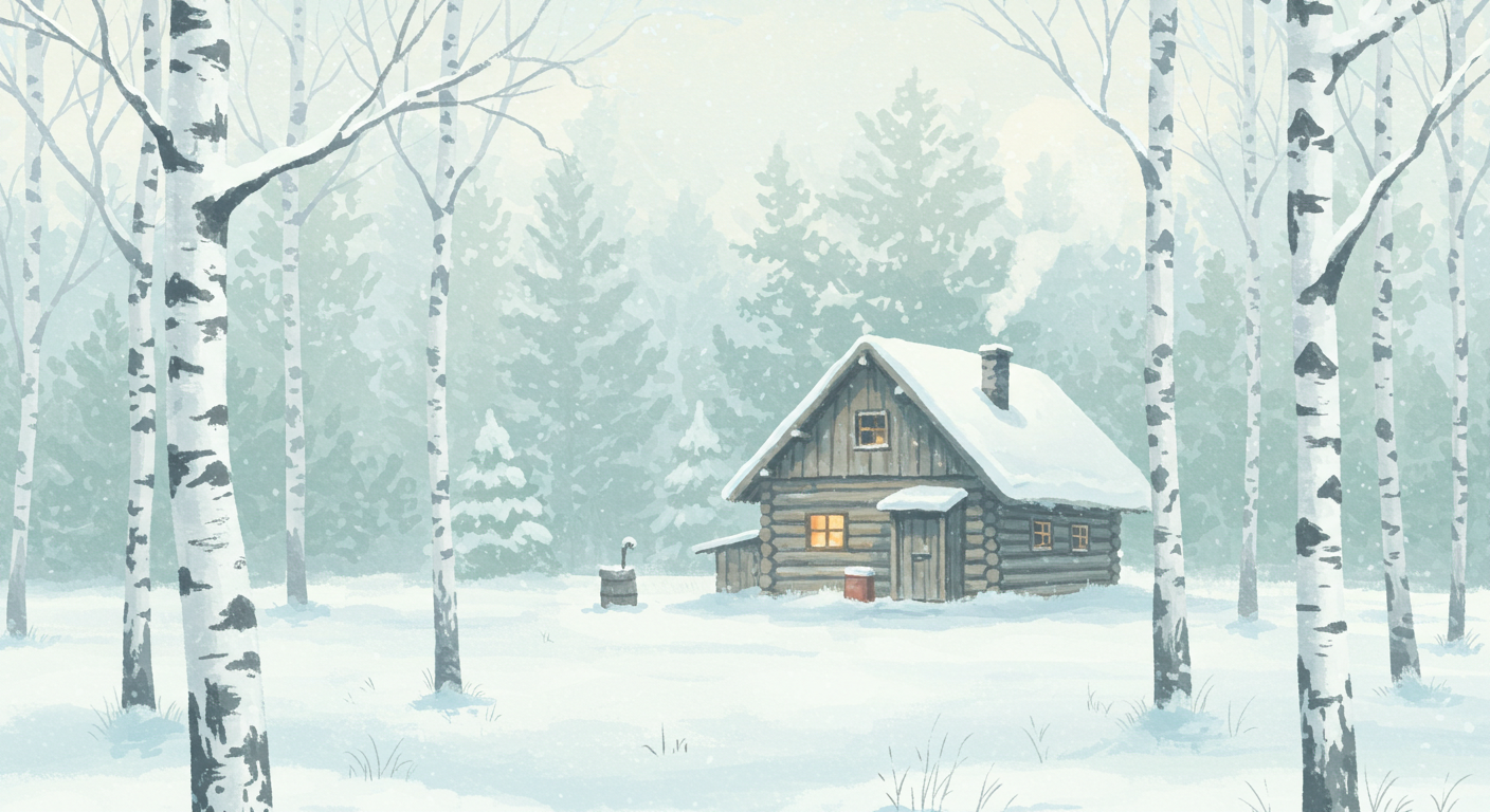 Exemplo de uma cabana numa floresta de inverno, no estilo de aguarela do Studio Ghibli.